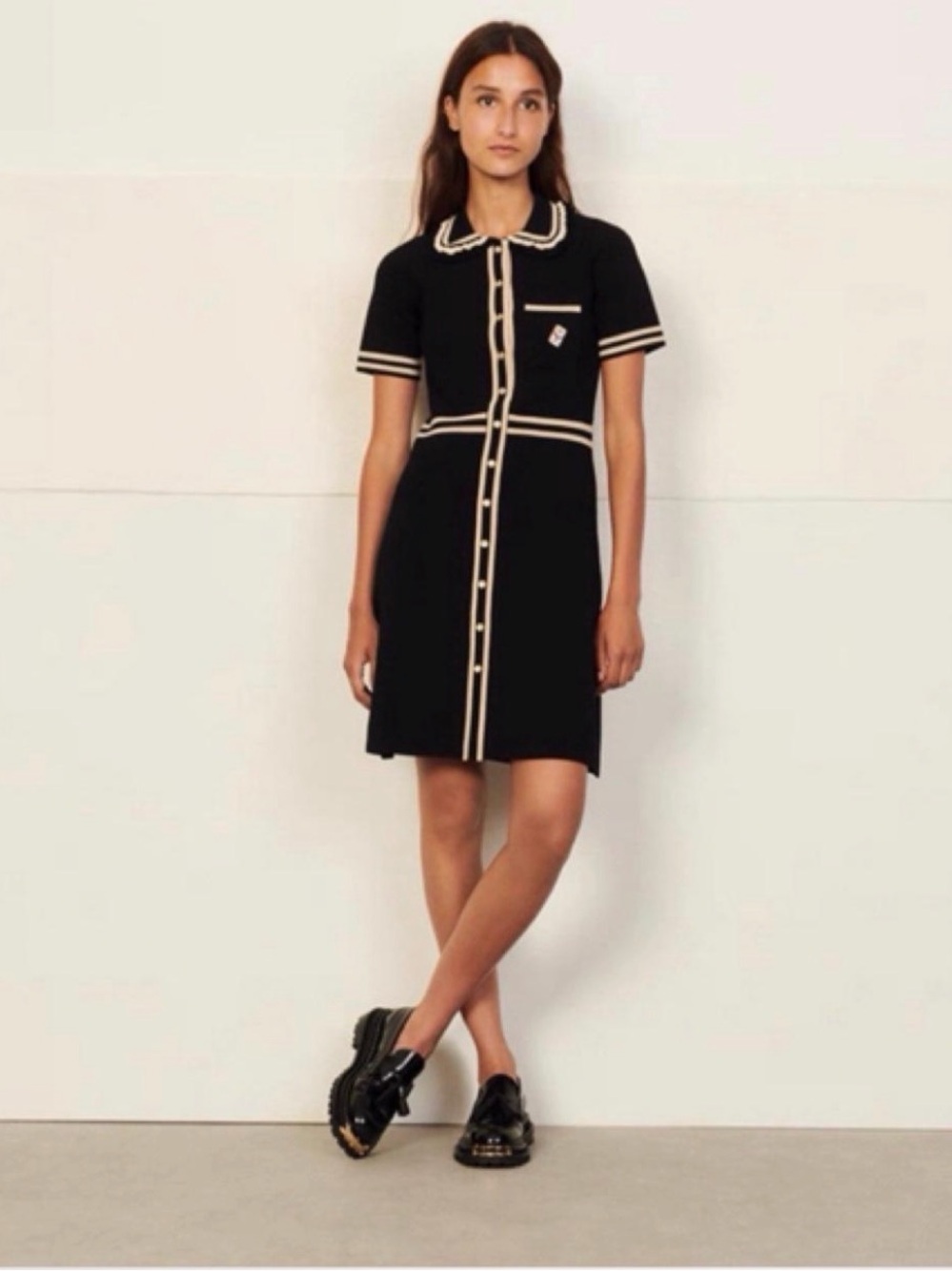 Sandro Black Knit Dress with Cream Trim - Picture 4 of 4